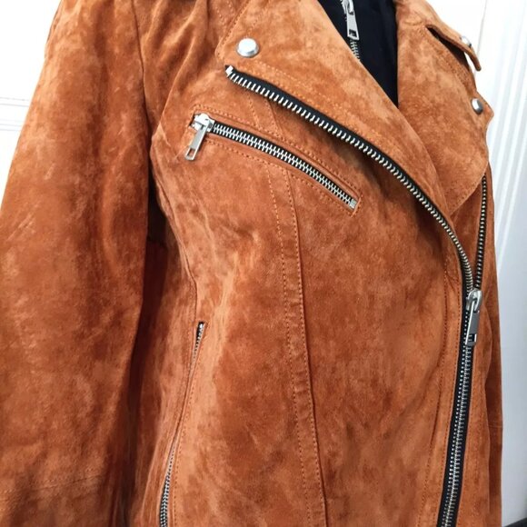 7 For All Mankind Leather Suede Moto Jacket Remove-able Hood Cognac / Black - Picture 6 of 7